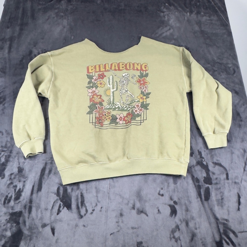 Billabong Sweatshirt Womens L Green Skeleton Cactus Floral Raw Neck Graphic